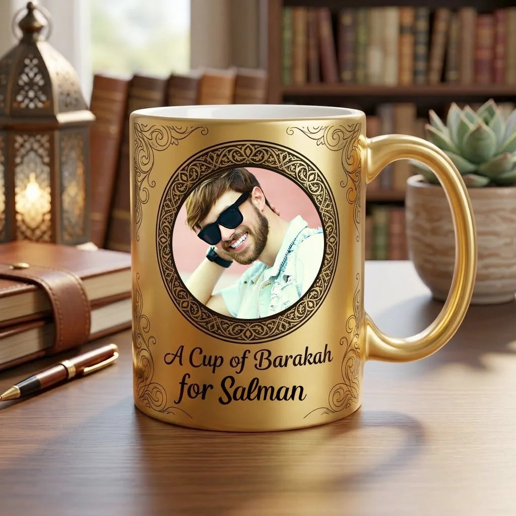 Personalized Metallic Gold Ceramic Mug with Custom Photo in Black Arabesque Medallion, Corner Filigree, and Cup of Barakah Name Script