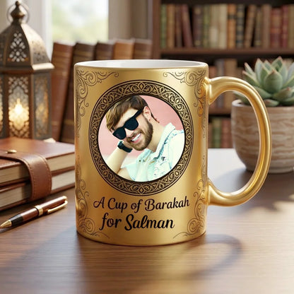 Personalized Metallic Gold Ceramic Mug with Custom Photo in Black Arabesque Medallion, Corner Filigree, and Cup of Barakah Name Script