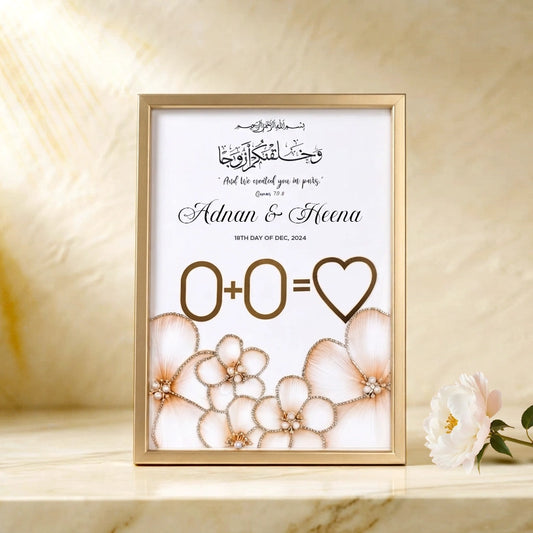 Golden Ivory Personalised Nikah Nama Frame featuring Islamic calligraphy, custom bride and groom names, thumbprint hearts, and a sleek gold frame.
