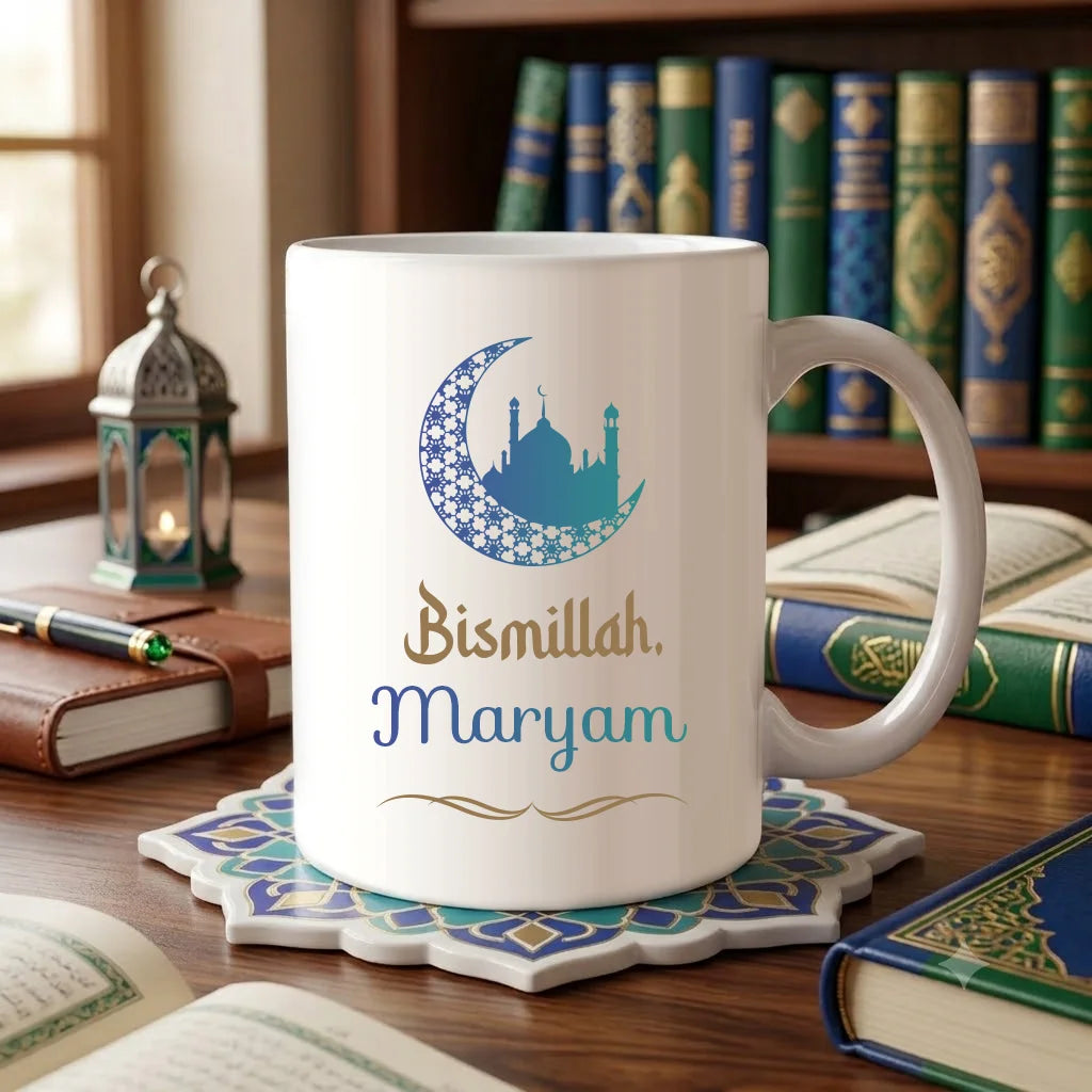 Personalized White Ceramic Mug with Teal Gradient Crescent Moon, Mosque Silhouette, Gold Bismillah Script, and Custom Name