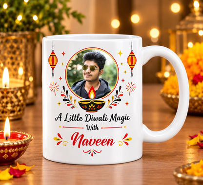 Personalized White Ceramic Diwali Mug with Custom Photo Frame, Glowing Diya, Kandil Lanterns, and Custom Name Script