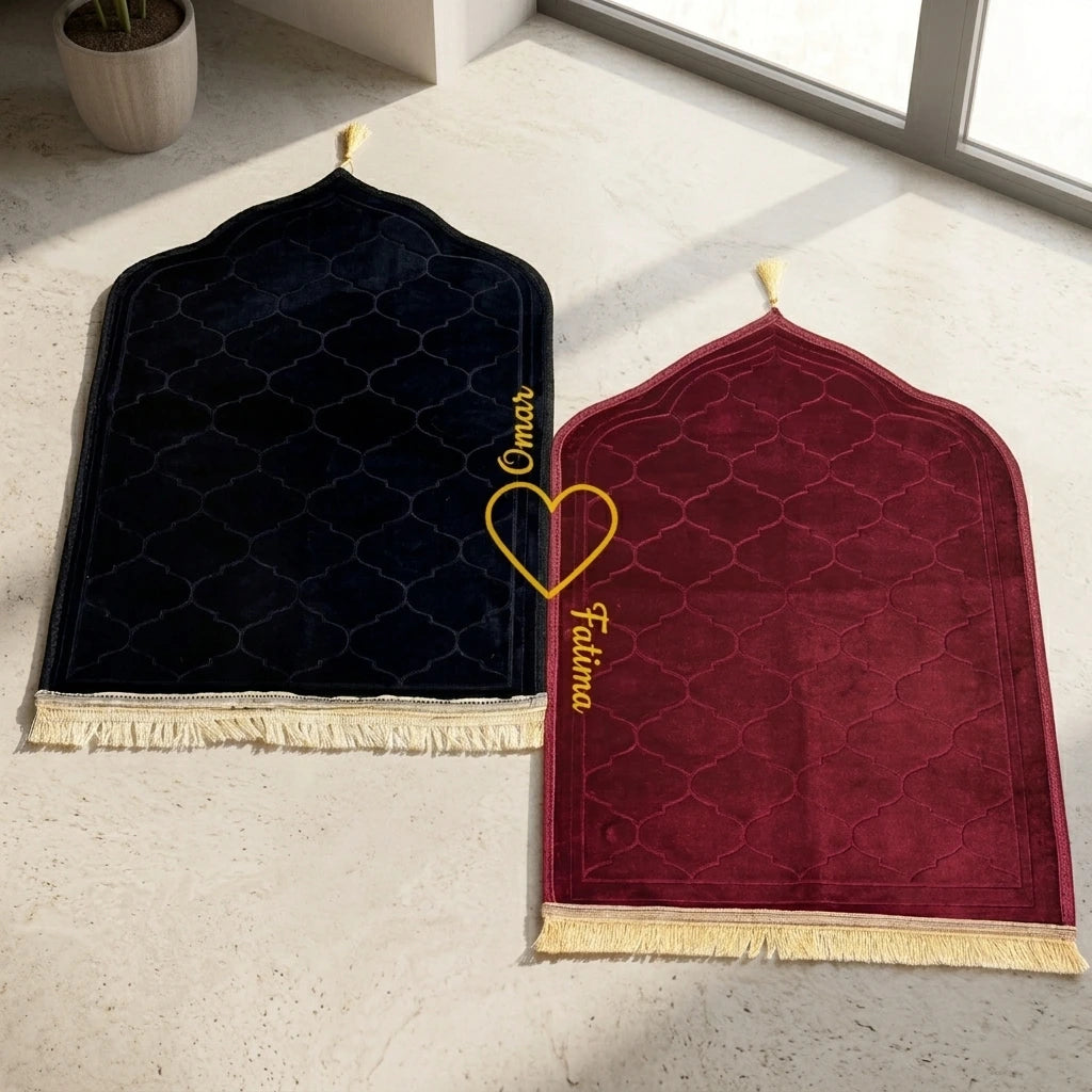 Personalized Black and Maroon Velvet Couple Prayer Mat Set with Gold Calligraphy