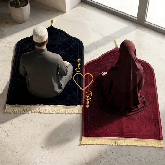 Personalized Couple Prayer Mat Set Black and Maroon Velvet Dome Janamaz