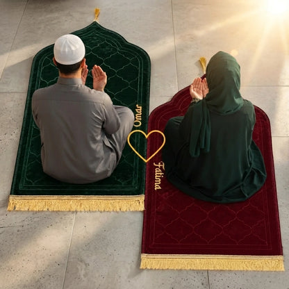Personalized Couple Prayer Mat Set Maroon and Green Velvet Dome Janamaz