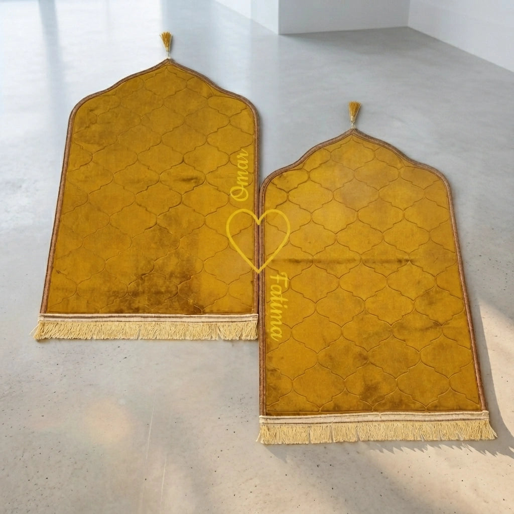 Personalized Golden Velvet Couple Prayer Mat Set with Gold Calligraphy