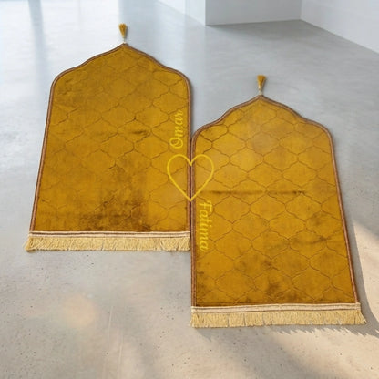 Personalized Golden Velvet Couple Prayer Mat Set with Gold Calligraphy