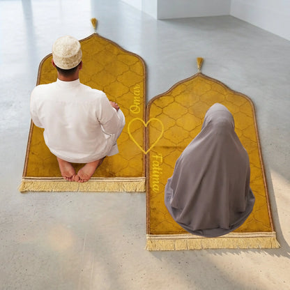 Personalized Couple Prayer Mat Set Golden Velvet Dome Janamaz