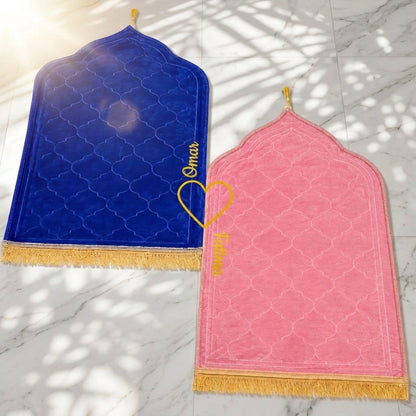 Personalized Couple Prayer Mat Set Blue & Pink Velvet Dome Janamaz