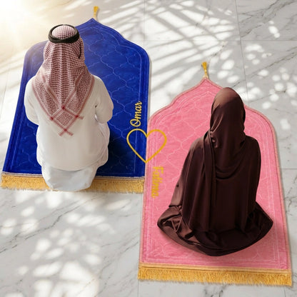 Personalized Couple Prayer Mat Set Blue & Pink Velvet Dome Janamaz