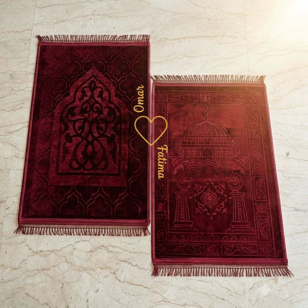 Personalized Maroon Velvet Rectangle Couple Prayer Mat Set with Gold Calligraphy