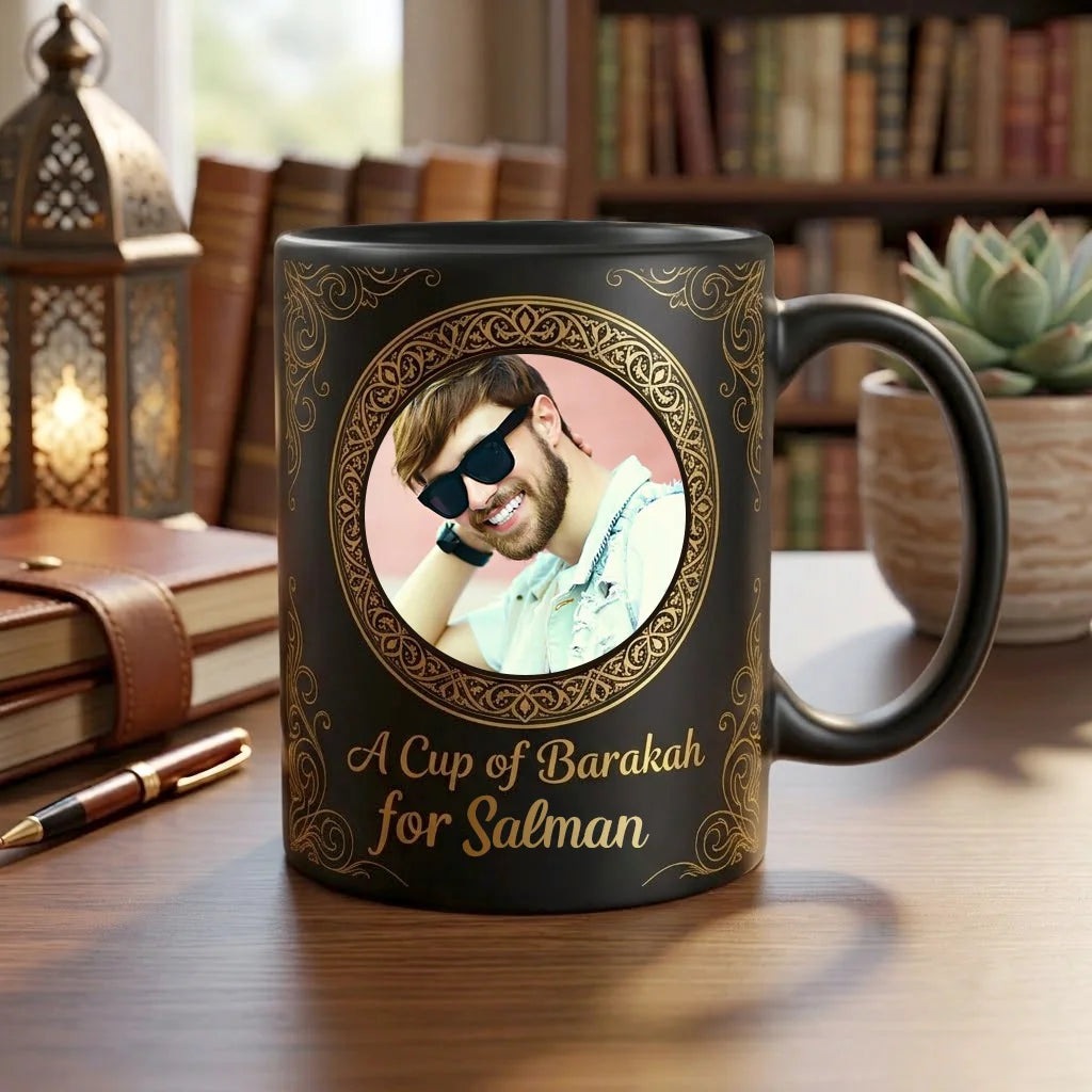 Personalized Black Ceramic Mug with Custom Photo in Gold Arabesque Medallion, Corner Filigree, and Cup of Barakah Name Script