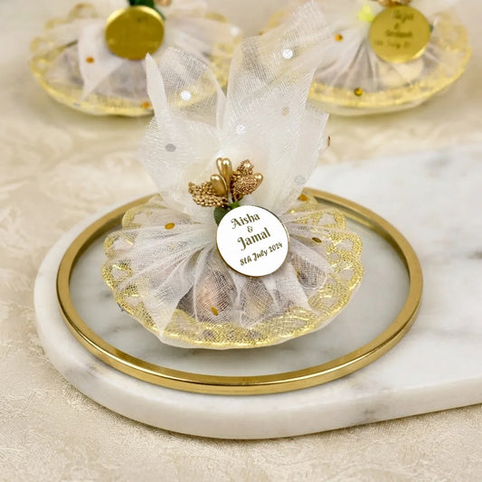 Personalized Mix Dry Fruit Nikah Favor Mini Gift Tray wrapped in Red Organza with Engraved Gold Tag