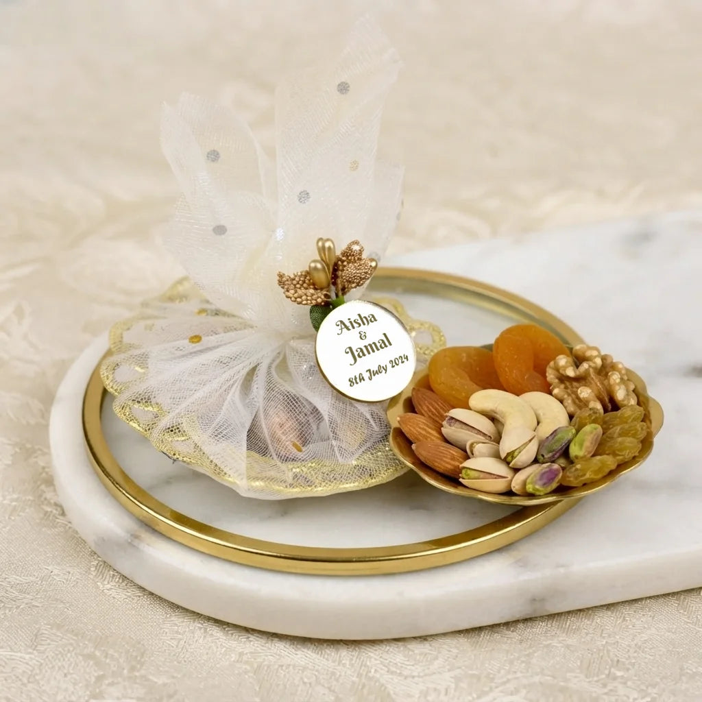 Personalized Mix Dry Fruit Nikah Favor Mini Gift Tray wrapped in Red Organza with Engraved Gold Tag 3