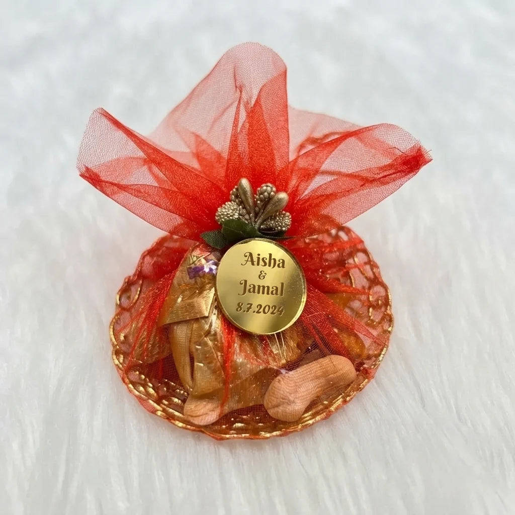 Personalized Mix Dry Fruit Nikah Favor Mini Gift Tray wrapped in Red Organza with Engraved Gold Tag 2