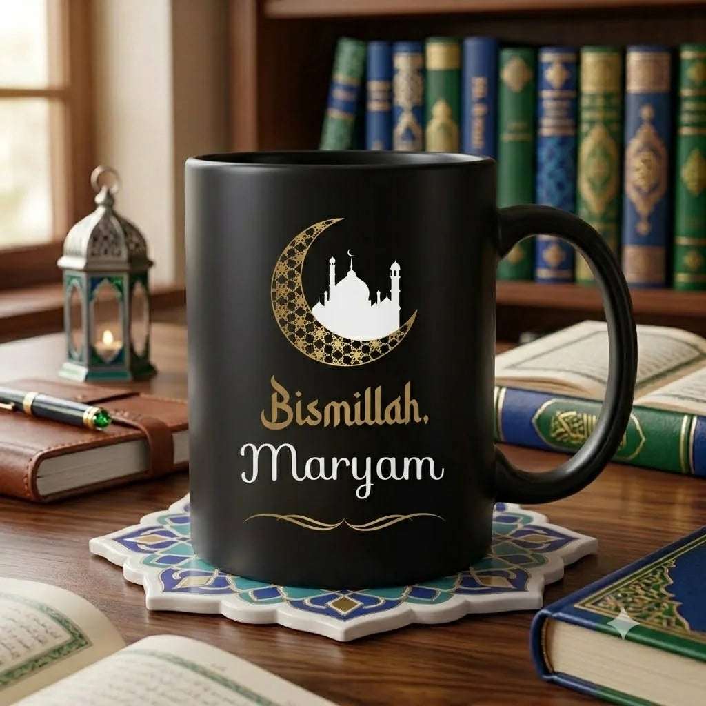 Personalized Black Ceramic Mug with Gold Crescent Moon, White Mosque Silhouette, Bismillah Script, and Custom Name