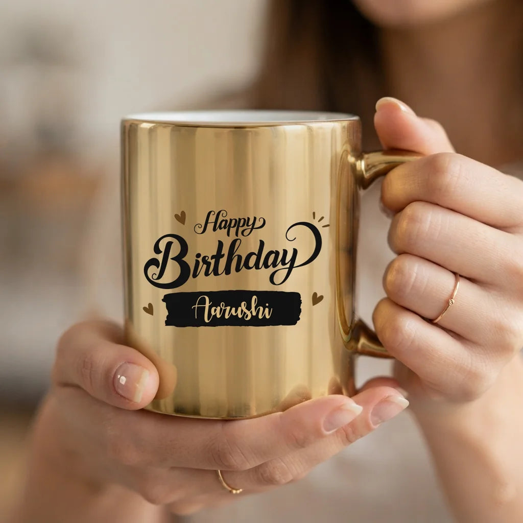 Personalized Metallic Gold Ceramic Birthday Mug with Black Typography and Custom Name