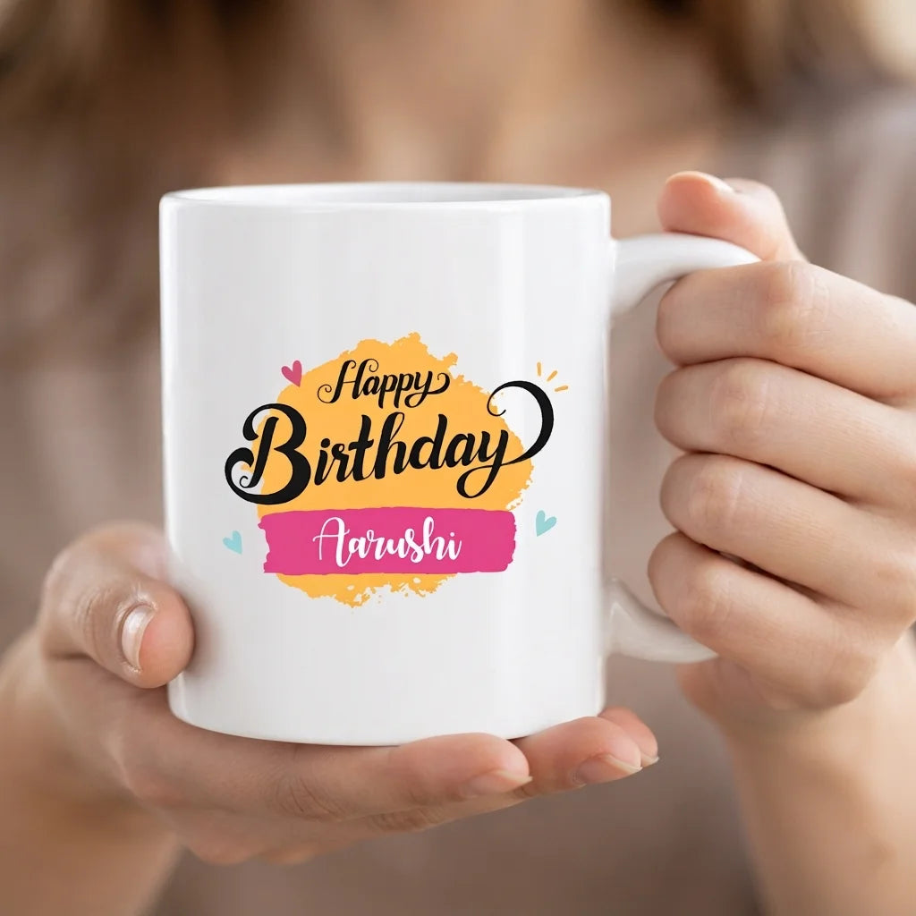 Personalized Happy Birthday White Ceramic Coffee Mug with Custom Name Brushstroke Print 2