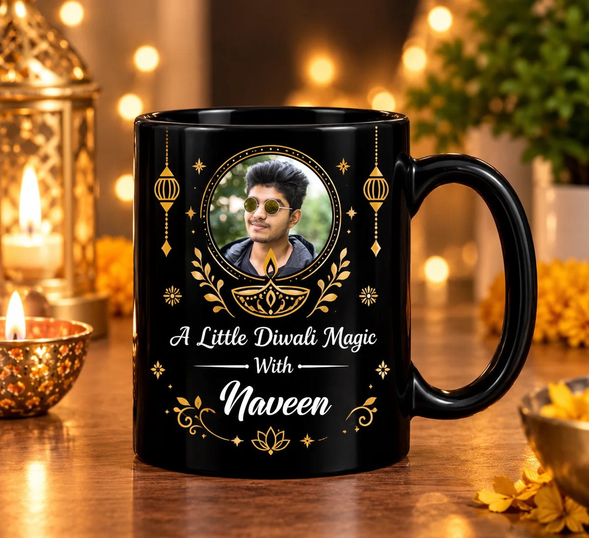 Personalized Black Diwali Photo & Name Ceramic Mug | Custom Picture & Text Festive Coffee Mug (350 ml)