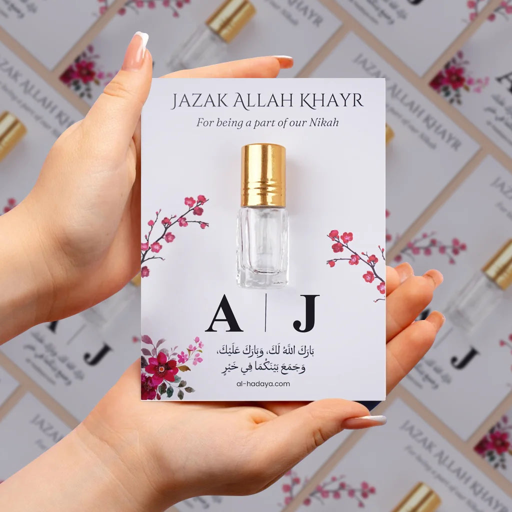 Personalized Premium Attar Bottle on Custom Floral Card for Nikah Favors with Arabic Dua 2