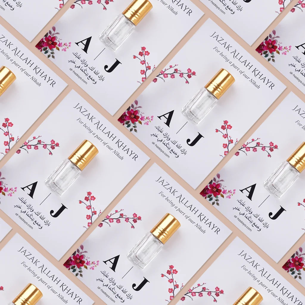 Personalized Premium Attar Bottle on Custom Floral Card for Nikah Favors with Arabic Dua