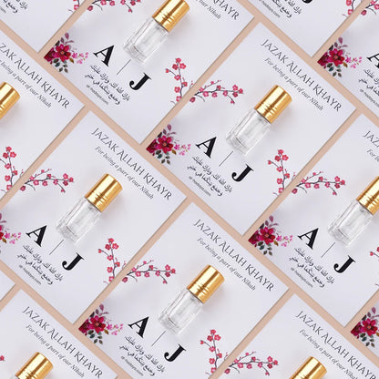Personalized Premium Attar Bottle on Custom Floral Card for Nikah Favors with Arabic Dua