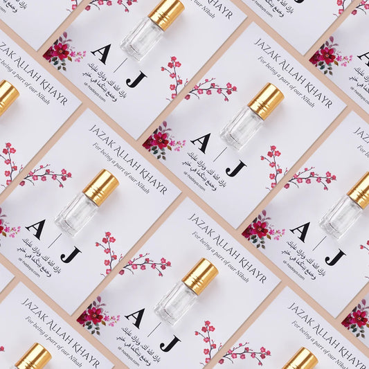 Personalized Premium Attar Bottle on Custom Floral Card for Nikah Favors with Arabic Dua