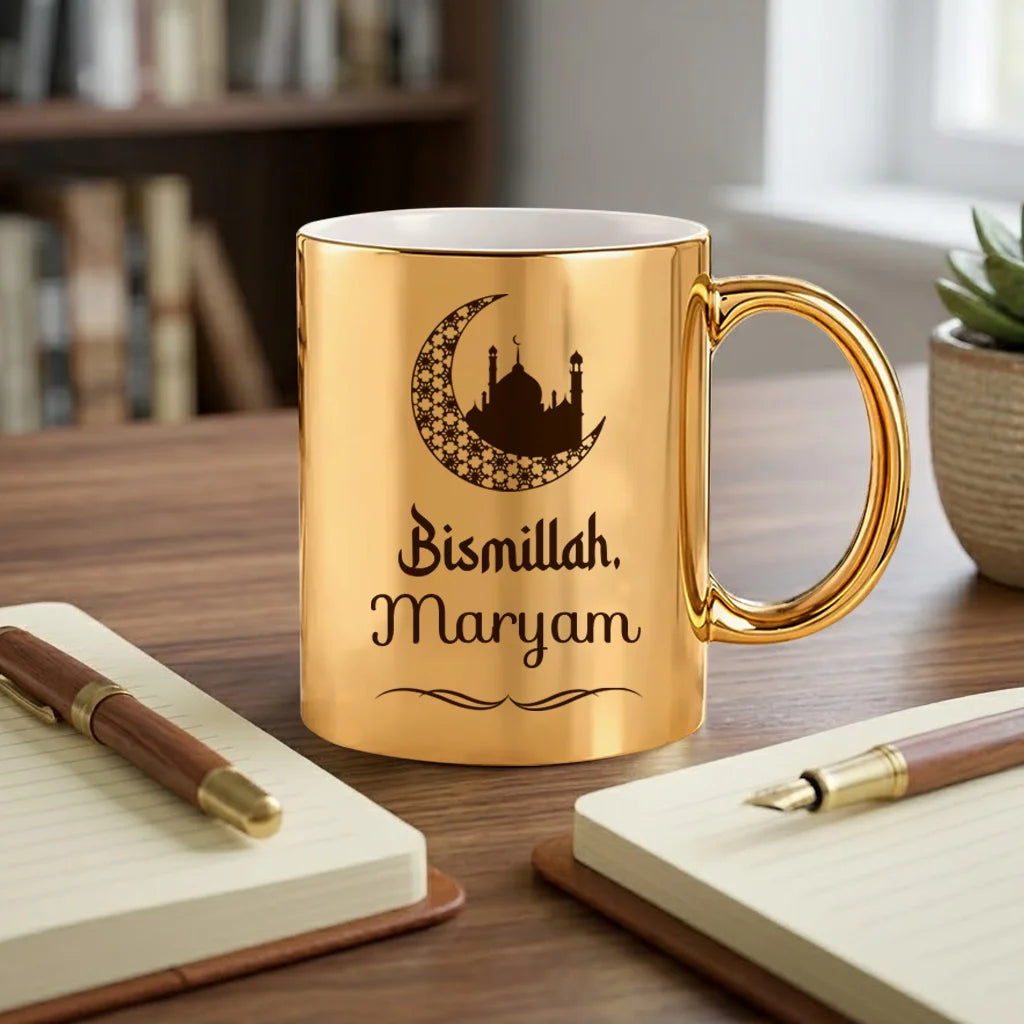 Personalized Metallic Gold Ceramic Mug with Black Crescent Moon, Mosque Silhouette, Bismillah Script, and Custom Name
