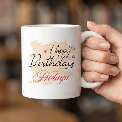 Personalized White Ceramic Birthday Mug with Beige Pastel Brushstroke and Custom Name Script 2