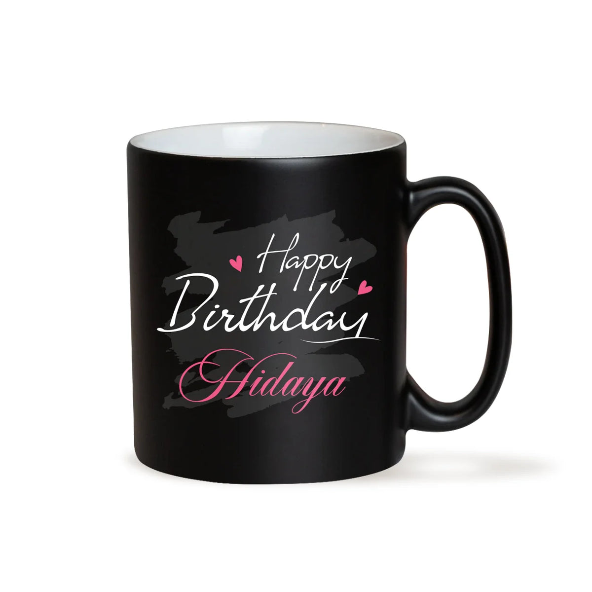 Personalized Matte Black Ceramic Birthday Mug with Charcoal Brushstroke and Custom Pink Name Script 2