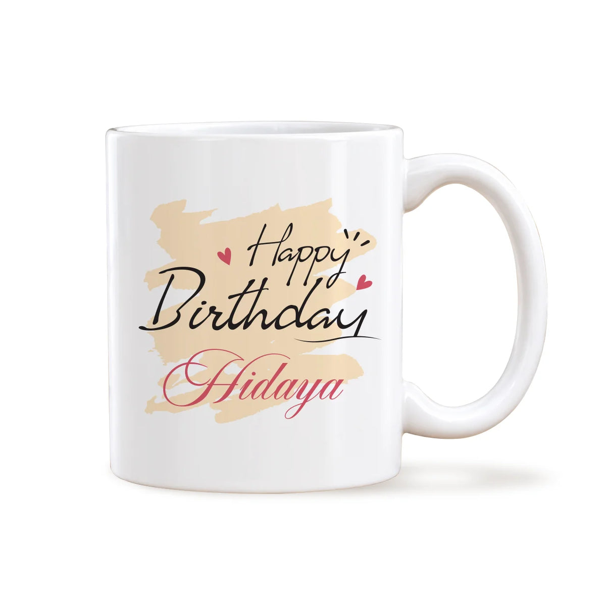Personalized White Ceramic Birthday Mug with Beige Pastel Brushstroke and Custom Name Script3