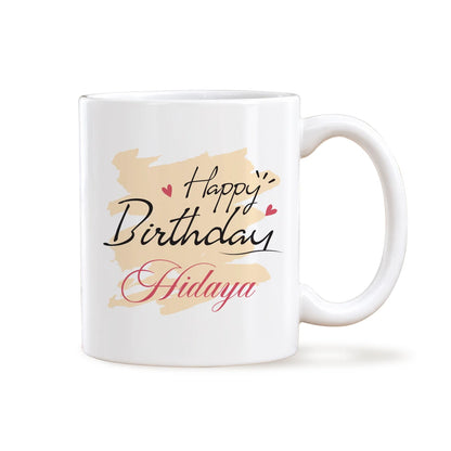 Personalized White Ceramic Birthday Mug with Beige Pastel Brushstroke and Custom Name Script3