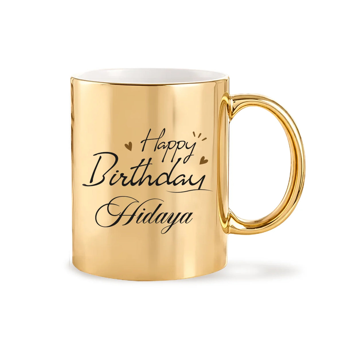 Personalized Metallic Gold Ceramic Birthday Mug with Cursive Script Calligraphy and Custom Name 2