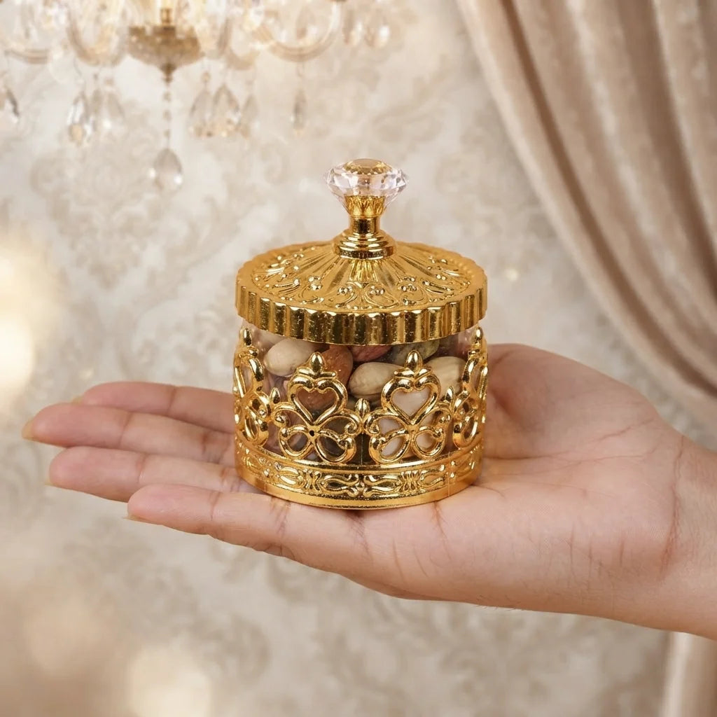 Personalized Hadiyah Gold Jar with Filigree Crown Lattice and Crystal Knob Lid for Dates and Dry Fruits2