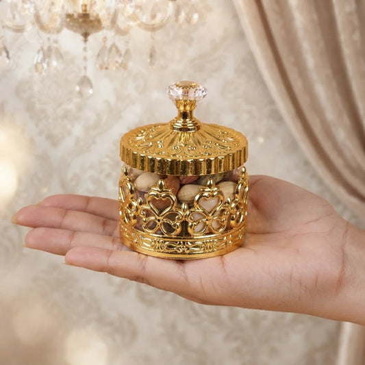 Personalized Hadiyah Gold Jar with Filigree Crown Lattice and Crystal Knob Lid for Dates and Dry Fruits2