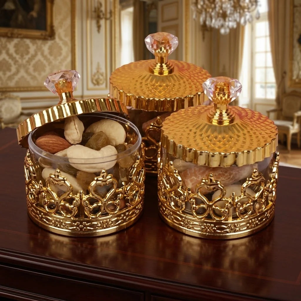 Personalized Hadiyah Gold Jar with Filigree Crown Lattice and Crystal Knob Lid for Dates and Dry Fruits3