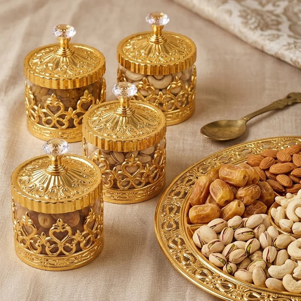 Personalized Hadiyah Gold Jar with Filigree Crown Lattice and Crystal Knob Lid for Dates and Dry Fruits