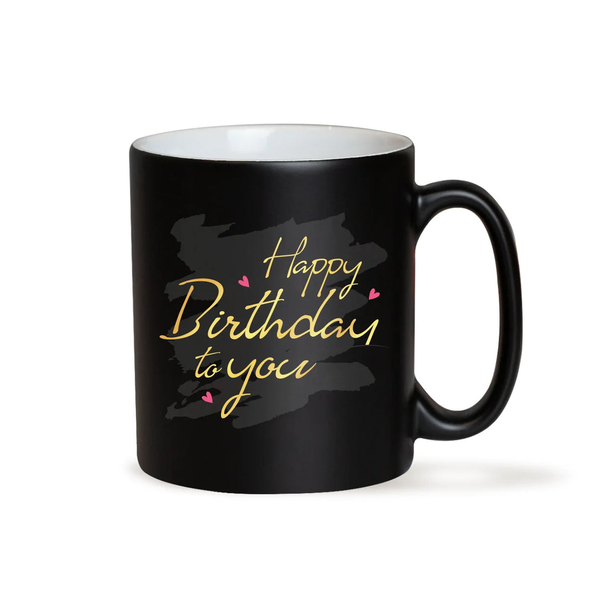 Matte Black Ceramic Birthday Mug with Golden Happy Birthday To You Cursive Script on Charcoal Brushstroke 2