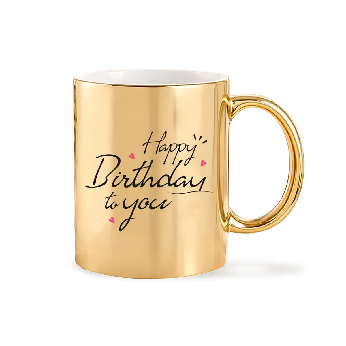 Metallic Gold Ceramic Birthday Mug with Cursive Happy Birthday To You Script and Dainty Pink Hearts 3