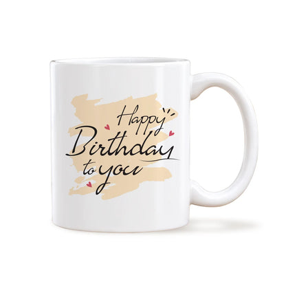 White Ceramic Birthday Mug with Happy Birthday To You Script on Beige Pastel Brushstroke 2
