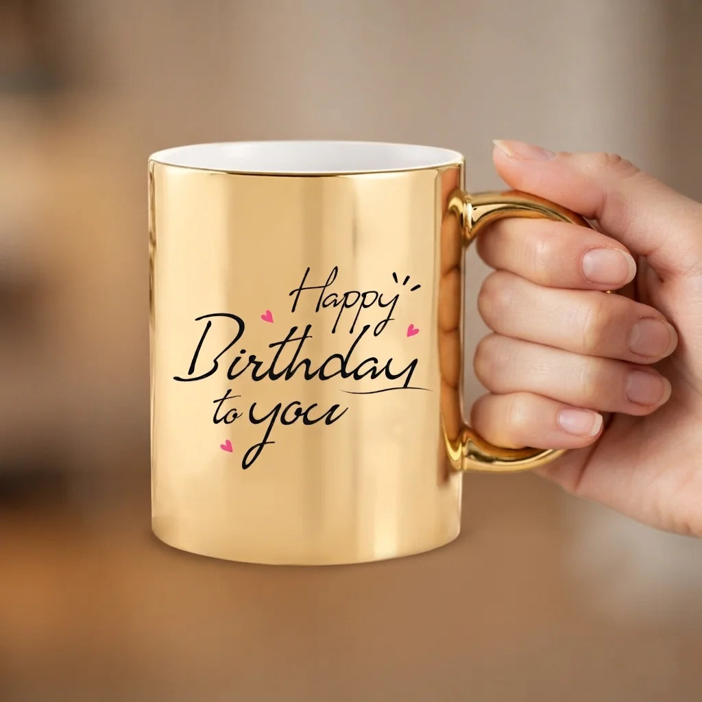 Metallic Gold Ceramic Birthday Mug with Cursive Happy Birthday To You Script and Dainty Pink Hearts