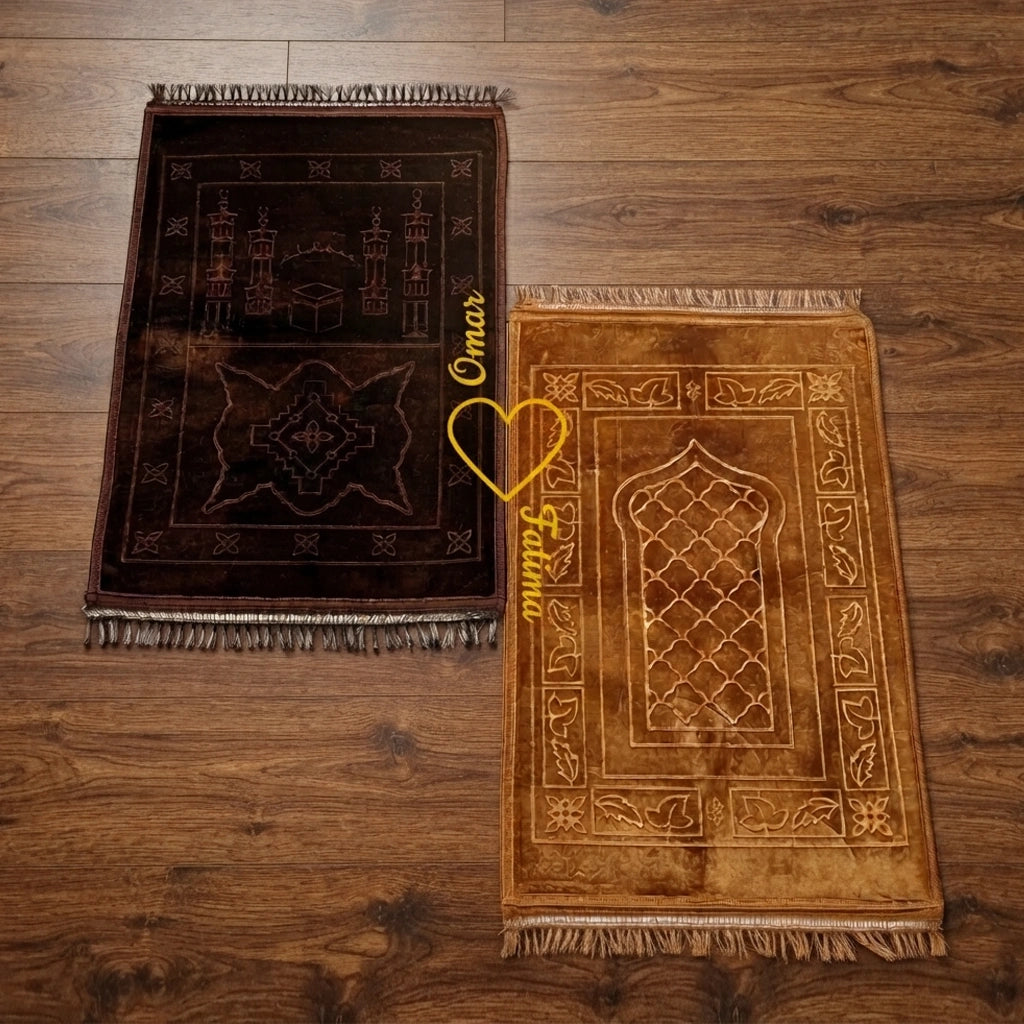 Personalized Brown and Golden Velvet Couple Prayer Mat Set with Gold Calligraphy