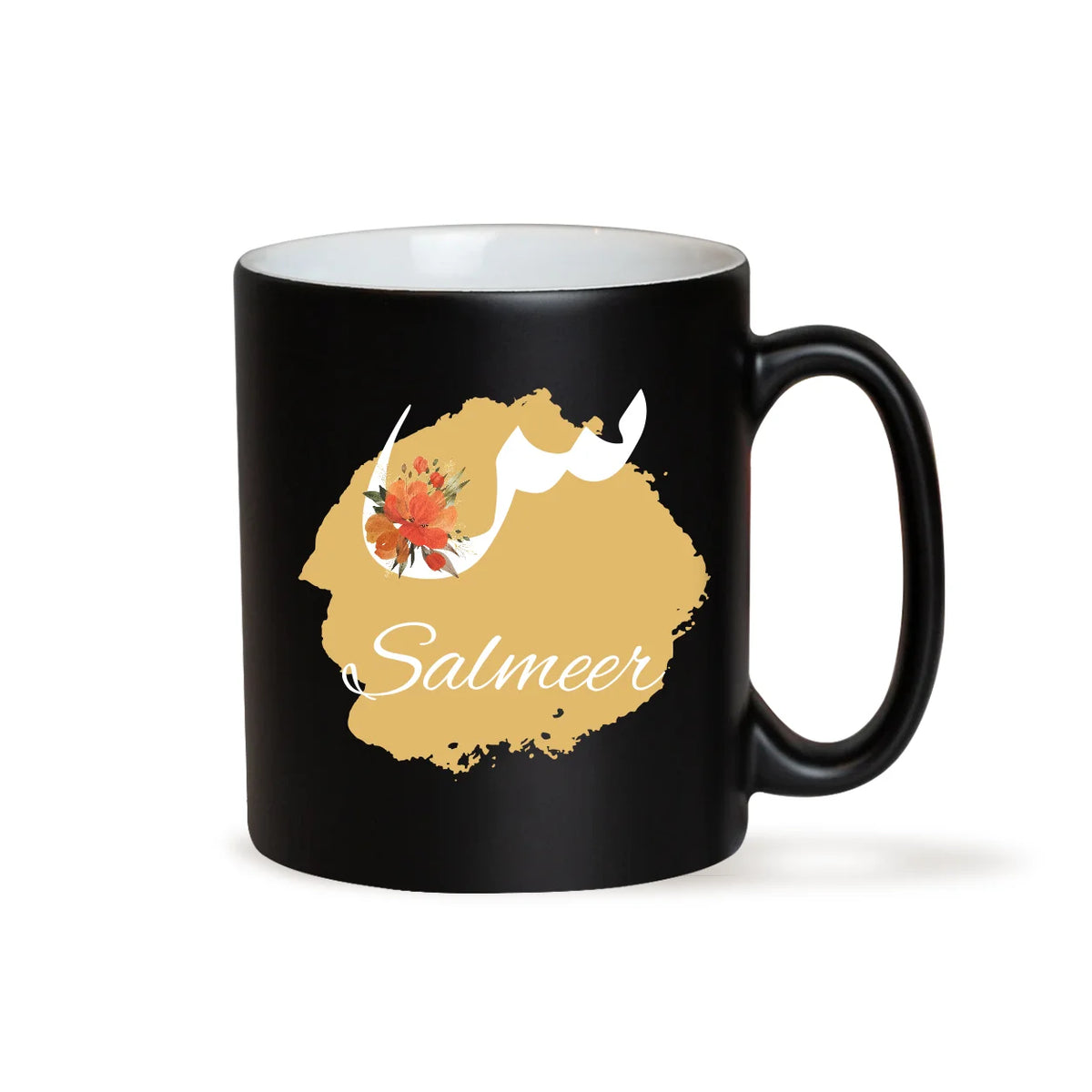 Personalized Matte Black Ceramic Mug with White Floral Arabic Initial Calligraphy and English Name Script on Gold Brushstroke 2