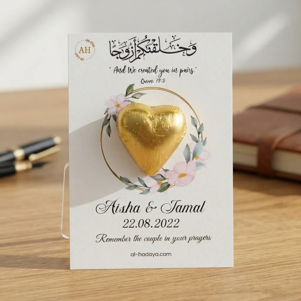 Customized Premium Heart Chocolate Card Nikah Favor with Quranic Verse and Floral Wreath 2