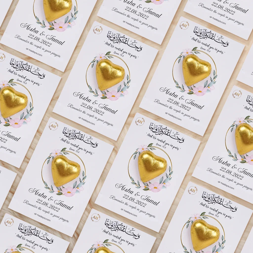 Customized Premium Heart Chocolate Card Nikah Favor with Quranic Verse and Floral Wreath