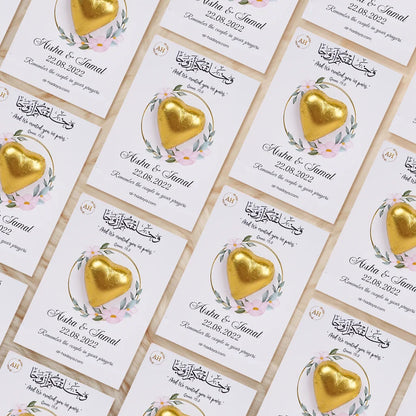 Customized Premium Heart Chocolate Card Nikah Favor with Quranic Verse and Floral Wreath