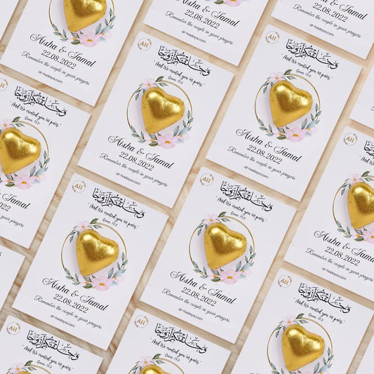 Customized Premium Heart Chocolate Card Nikah Favor with Quranic Verse and Floral Wreath