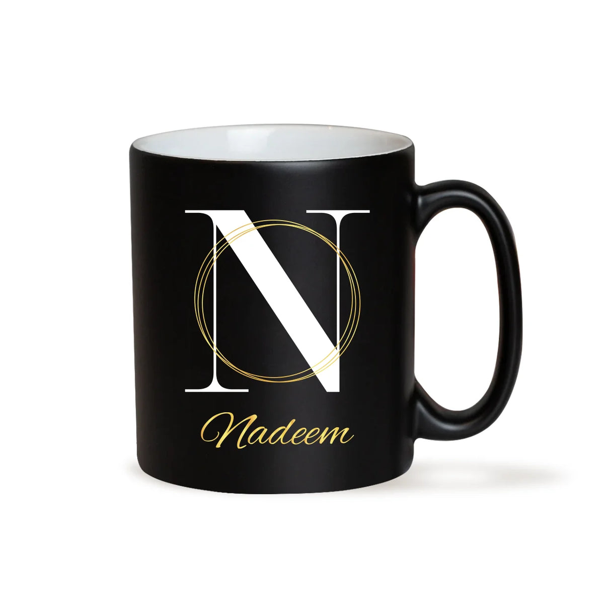 Personalized Matte Black Ceramic Mug with White English Alphabet Initial N, Gold Rings, and Cursive Gold Name Script