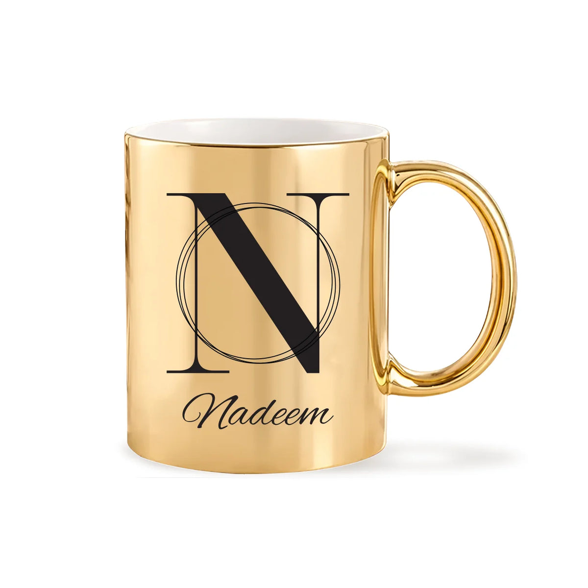 Personalized Metallic Gold Ceramic Coffee Mug with Black English Alphabet Initial N, Fine Rings, and Cursive Name Script 2