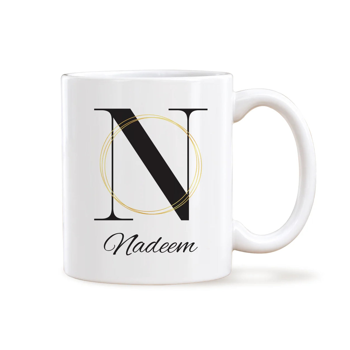 Personalized White Ceramic Coffee Mug with Black English Alphabet Initial N, Gold Rings, and Custom Name Script 2