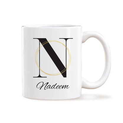 Personalized White Ceramic Coffee Mug with Black English Alphabet Initial N, Gold Rings, and Custom Name Script 2